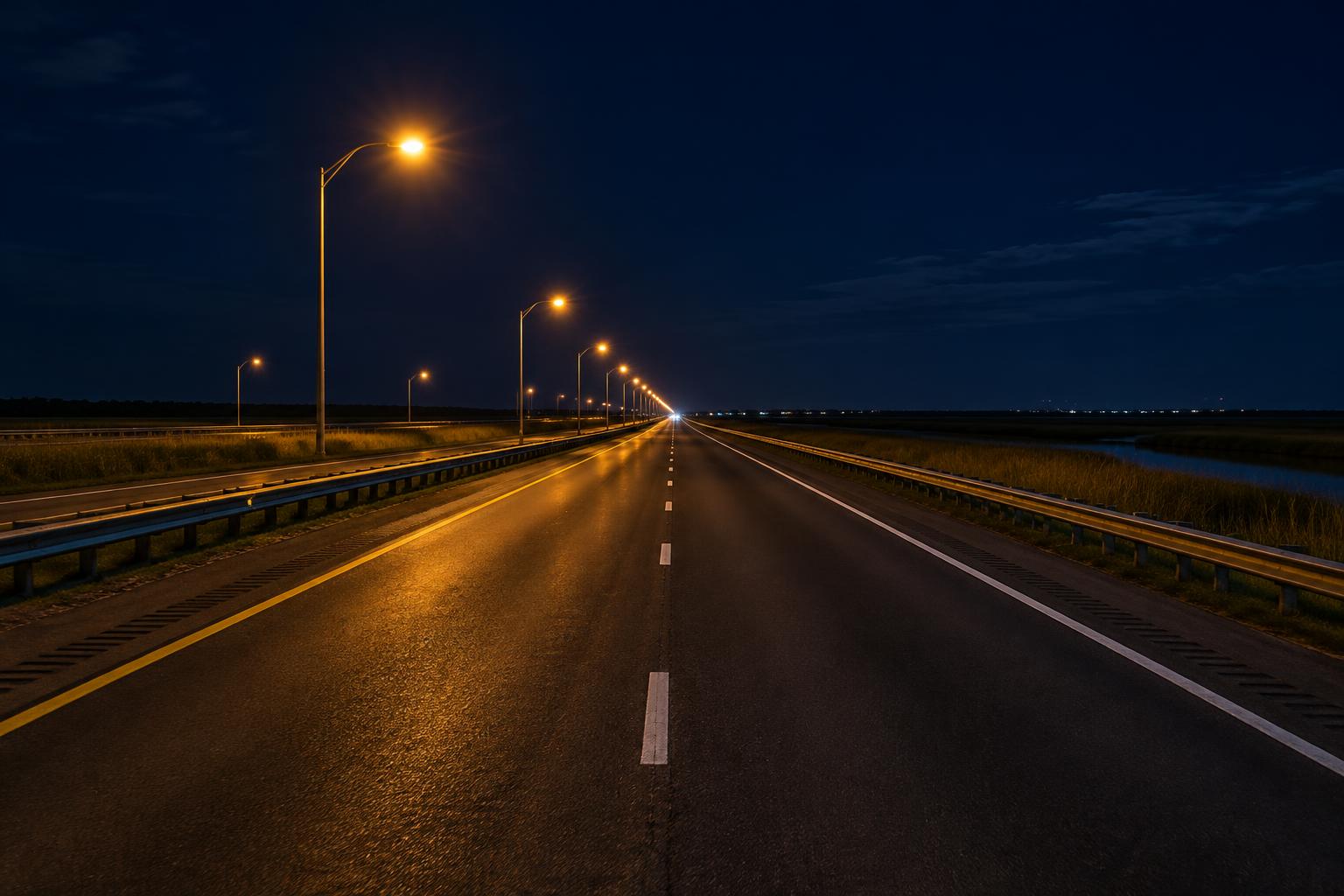 An empty interstate highway at night with amber streetlights receding into the distance