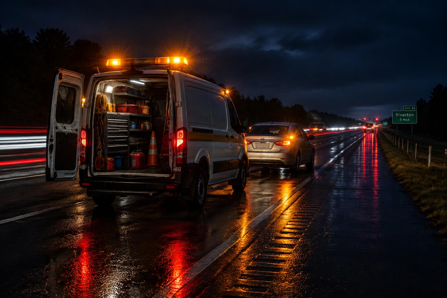 A mobile tire service van with its lights on, parked behind a car on the shoulder of a highway at night