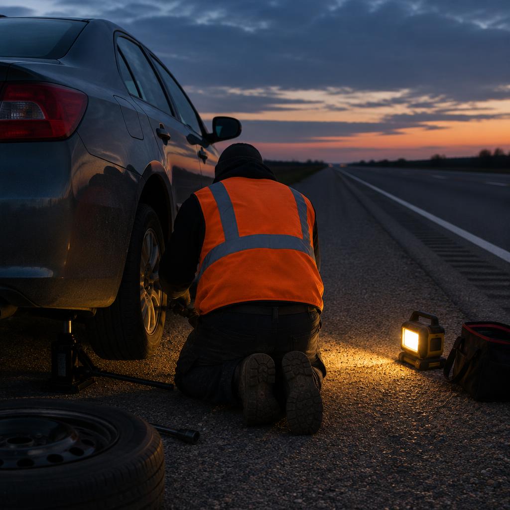 A tire technician working beside a car on the shoulder of a highway at dusk